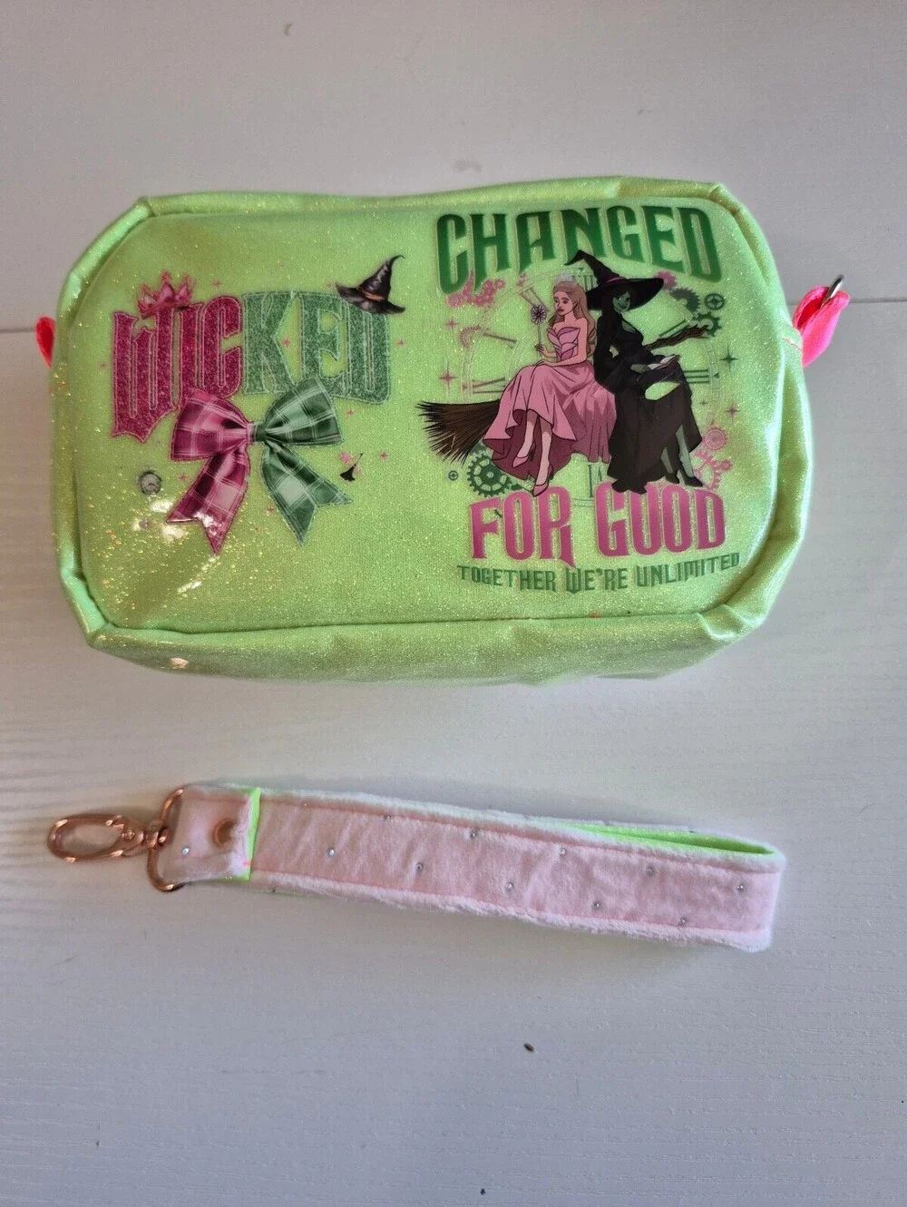 Whimsical Green & pink witches glitter wristlet or clutch